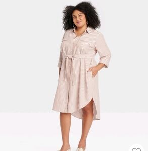 Women's Long Sleeve Midi Shirtdress - Ava & Viv Brown Striped - 1X